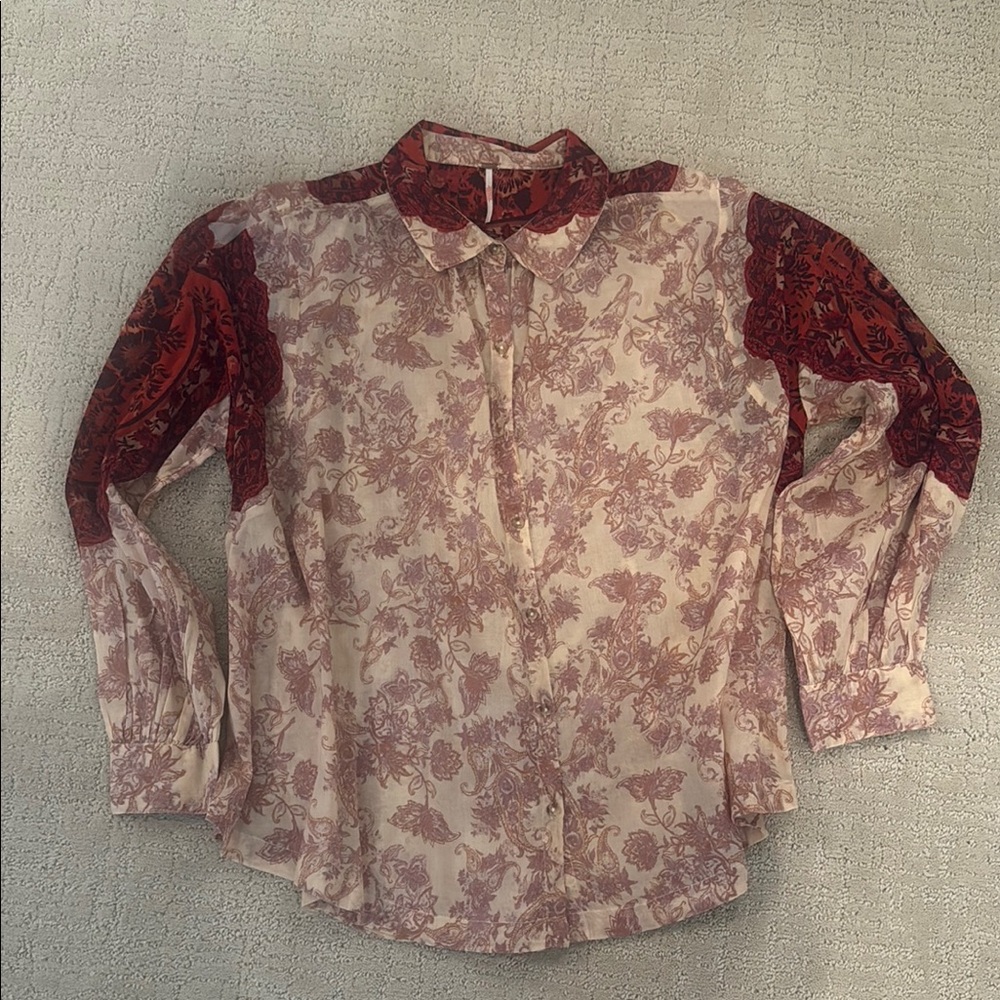Free People Pink Embellished Button Down Shirt with Mandarin Collar - Size L